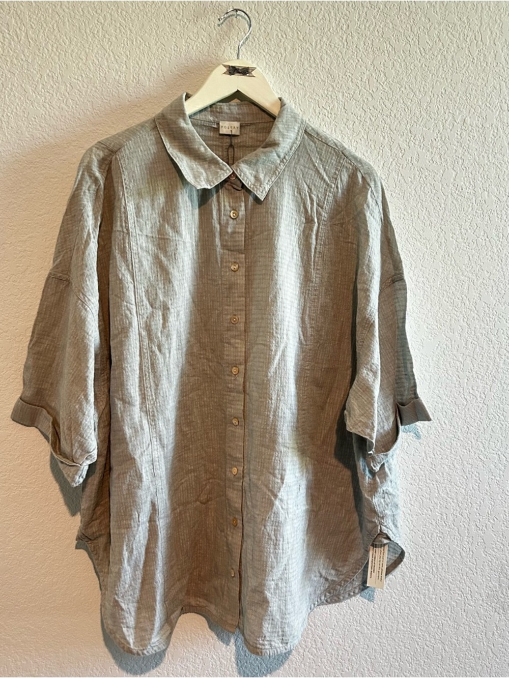 NEW Poetry Grey Sage Linen Shirt US 22 UK 18 Lagenlook Neutral Button Down UQ40
